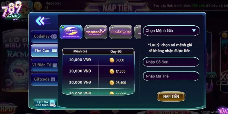 Nạp Tiền 789Club 3 Nạp tiền 789Club bằng thẻ cào điện thoại
